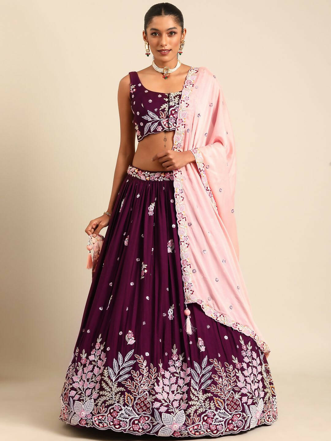 House of Panchhi Burgundy Georgette Sequins and thread embroidery Lehenga choli & Dupatta - Distacart