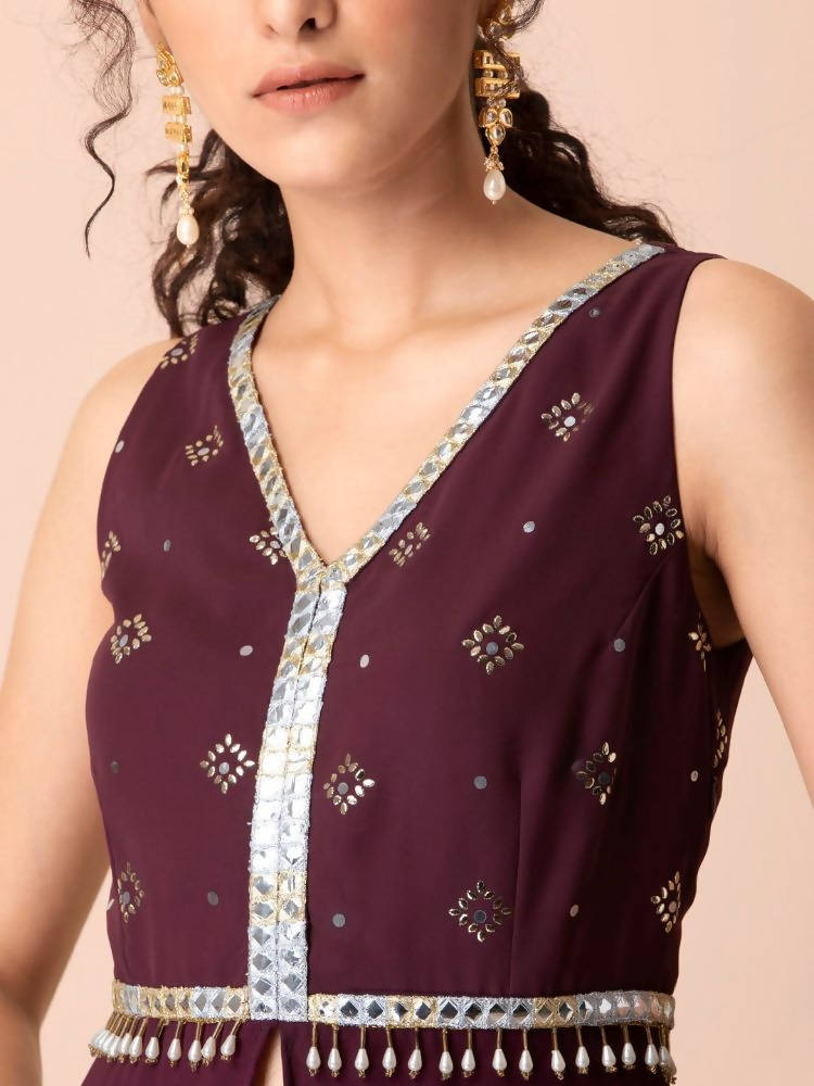 Indya Women Purple & Gold-Toned Embellished Ruffled High Slit Kurta - Distacart