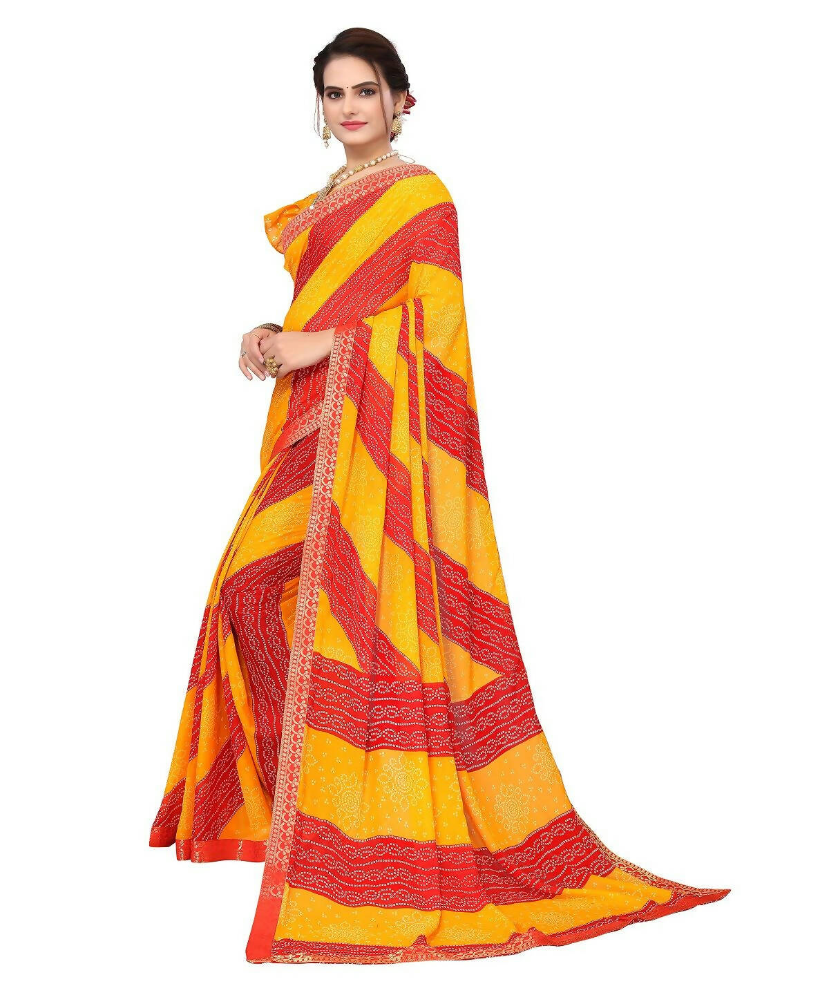 Vamika Yellow Georgette Printed With Lace Saree (MANYA YELLOW RED) - Distacart