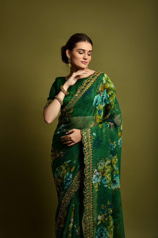 Malishka Women's Red Georgette Chiffon Floral Print & Embroidery Saree With Blouse Piece - Distacart