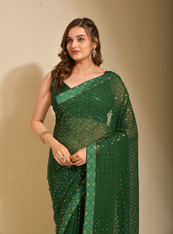 Malishka Women's Green Georgette Sequence Embroidery Bollywood Saree With Blouse Piece - Distacart