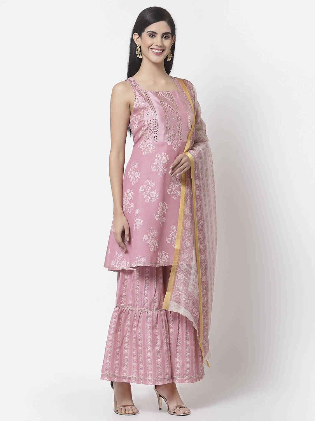 Myshka Women Peach Cotton Blend Printed Sleeveless Shoulder Straps Kurta With Sharara & Dupatta Set