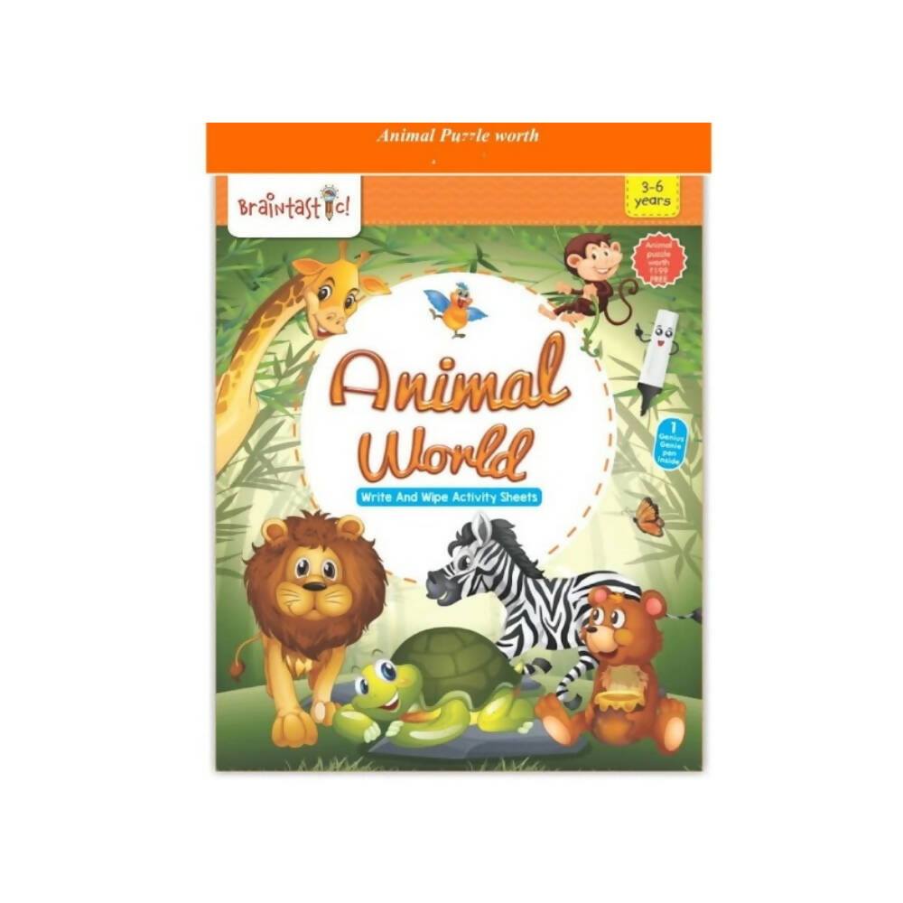 Braintastic Educational Game (3-6 yrs):Animal World / Kids Toys/Write & Wipe Activity Sheets/ Free 12 pc Puzzles - Distacart