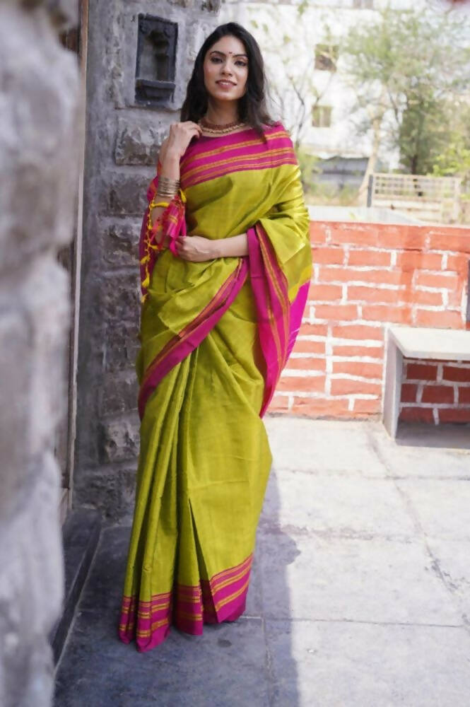 Very Much Indian Handloom Cotton Viscose Ilkal Saree - Bright Green - Distacart