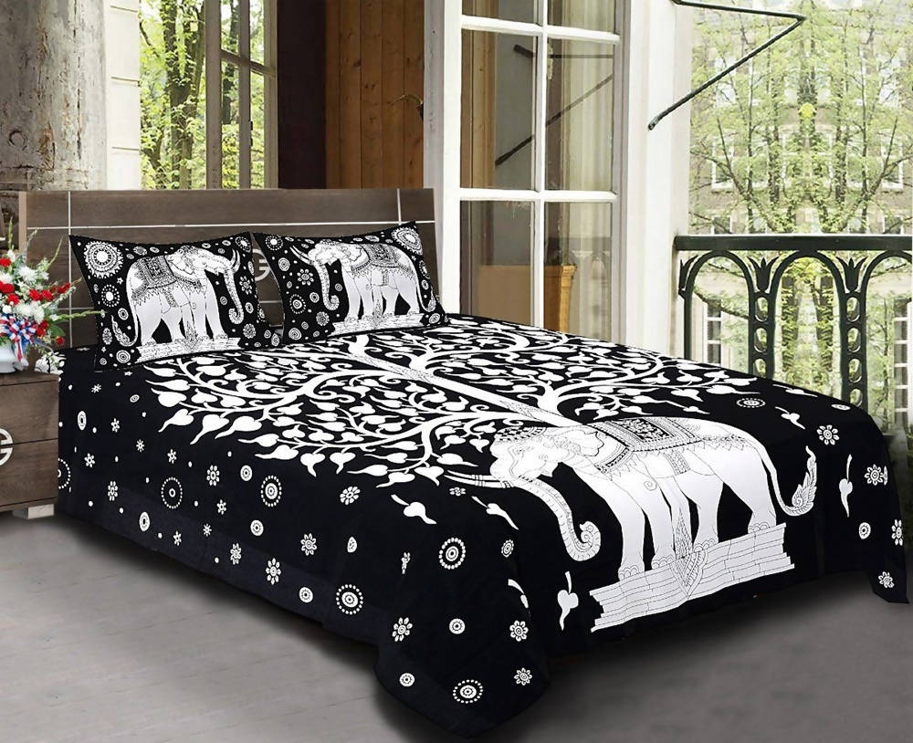 Vamika Printed Cotton Black Bedsheet With Pillow Covers (LEOC_SKHTY_BL) - Distacart
