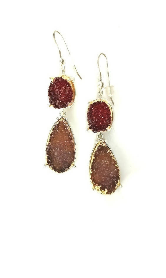 Bling Accessories Garnet/Champeign Druzy Semi Precious Natural Stone Earrings