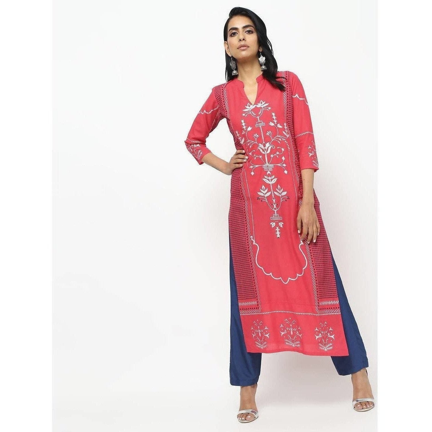 Cheera Pink Straight Printed Long Kurta