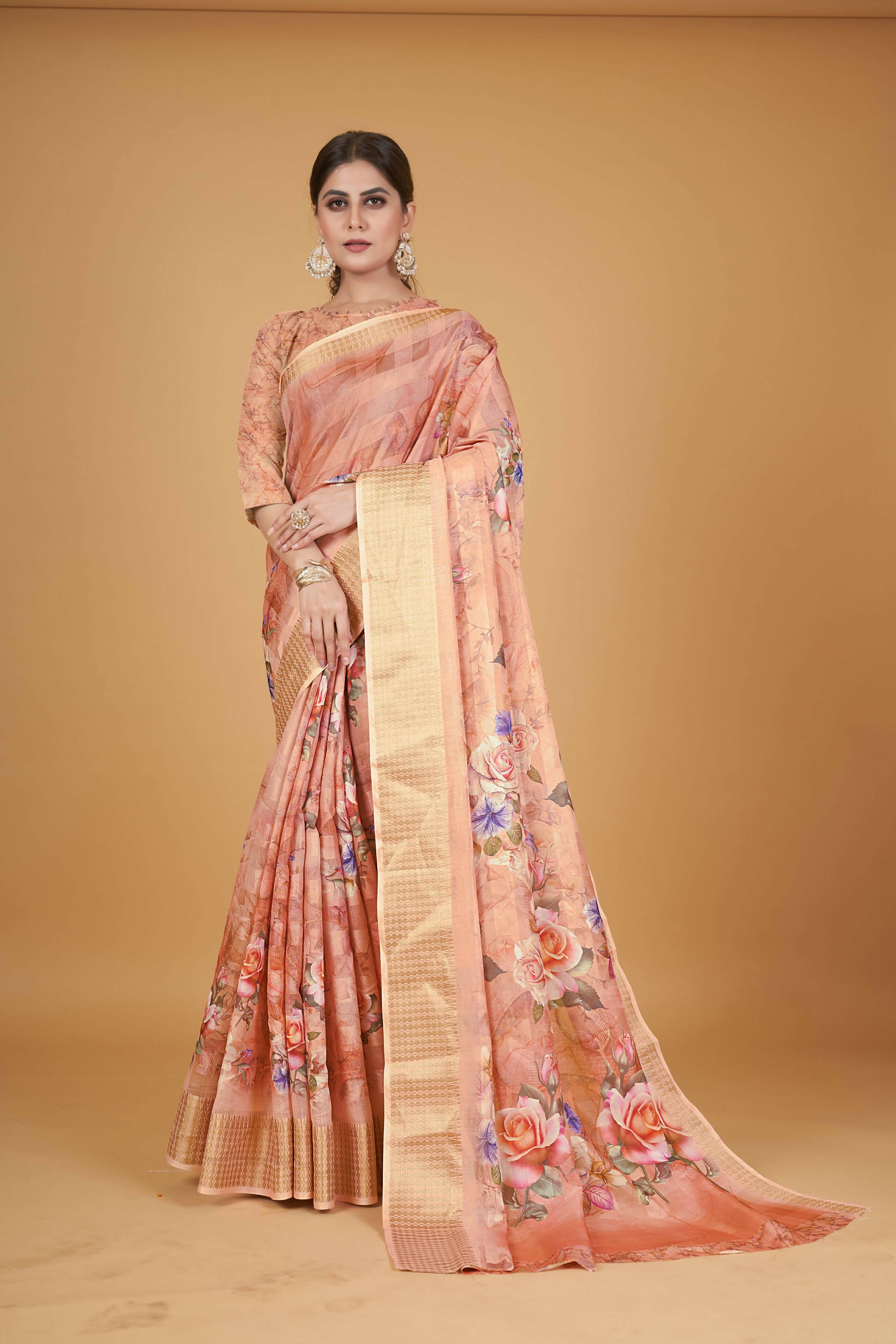Orange Cotton Silk Digital Printed Saree With Unstitched Blouse Piece - Alisha - Distacart