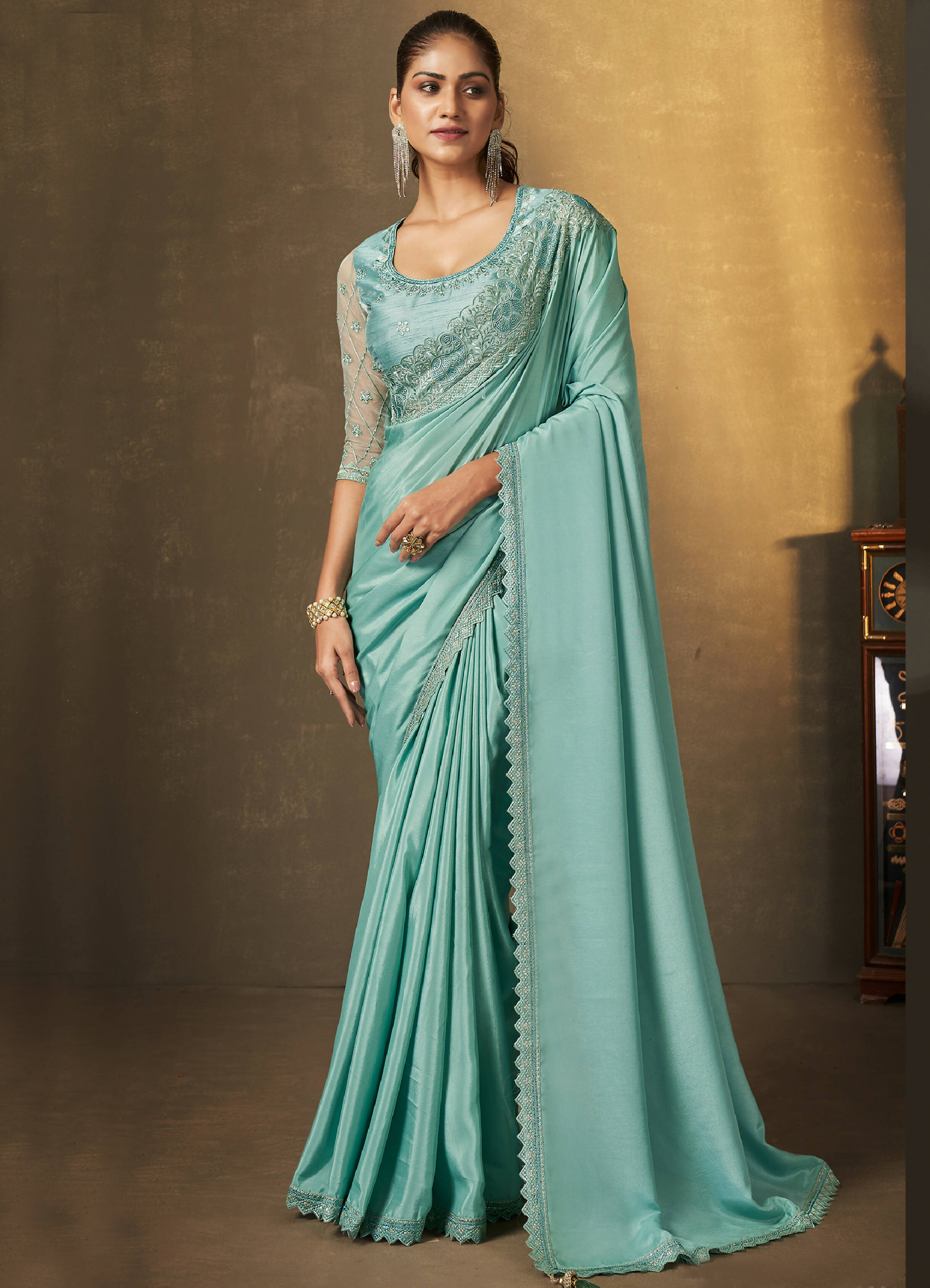 Light Blue Crepe Georgette Silk Embroidered with Swaroski Work Saree With Unstitched Blouse Piece - Norita Royal Erisha - Distacart