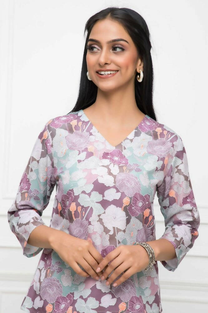 Myshka Women Multi-Floral V-Neck Regular Sleeves Viscose Rayon Top - Distacart