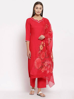 Myshka Women's Red Cotton Solid 3/4 Sleeve Square Neck Casual Kurta Pant Dupatta Set