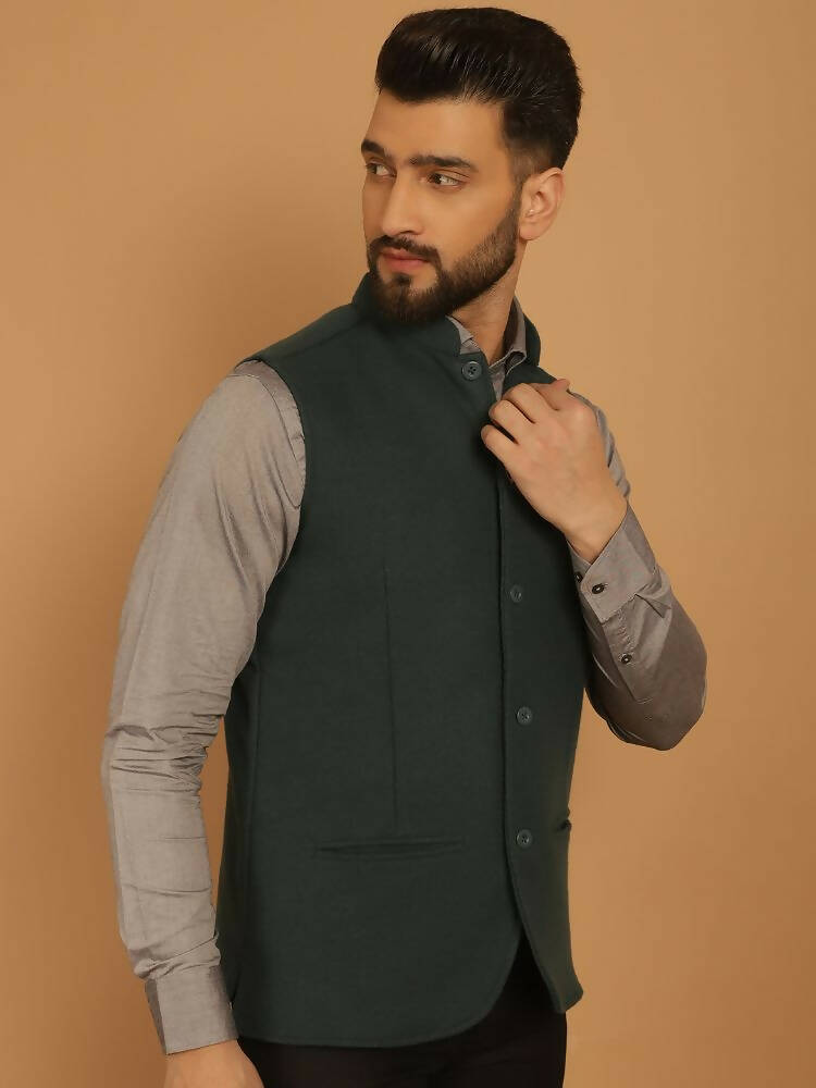 Even Apparels Pure Wool Nehru Jacket - Green - Distacart