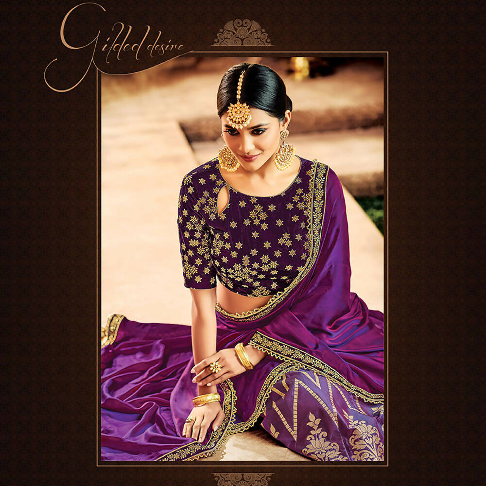 Purple Jacquard Silk, Velvet Zari Embroidery Semi-Stitched Lehenga Saree - Mohmanthan Dezzy - Distacart