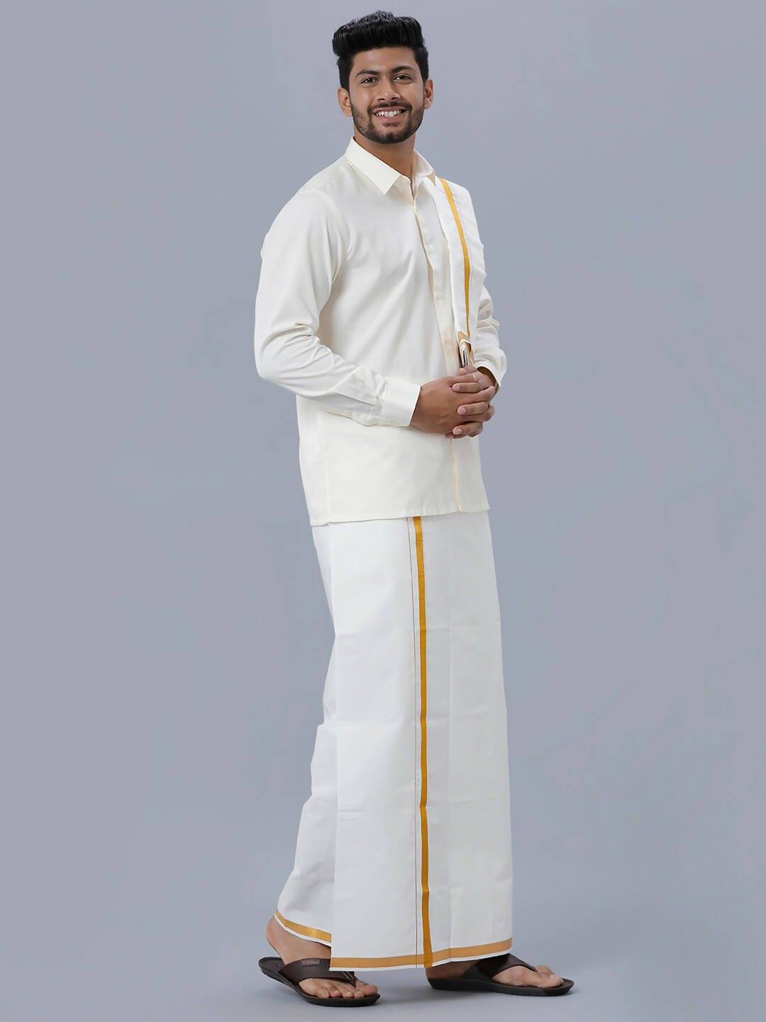 Ramraj Cotton Premium Wedding Cream Readymade Dhoti, Shirt & Towel Set Dhanvanthri - Distacart
