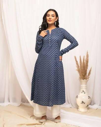 FIORRA Women's Floral Printed Navy Blue Cotton A-Line Kurta - Distacart