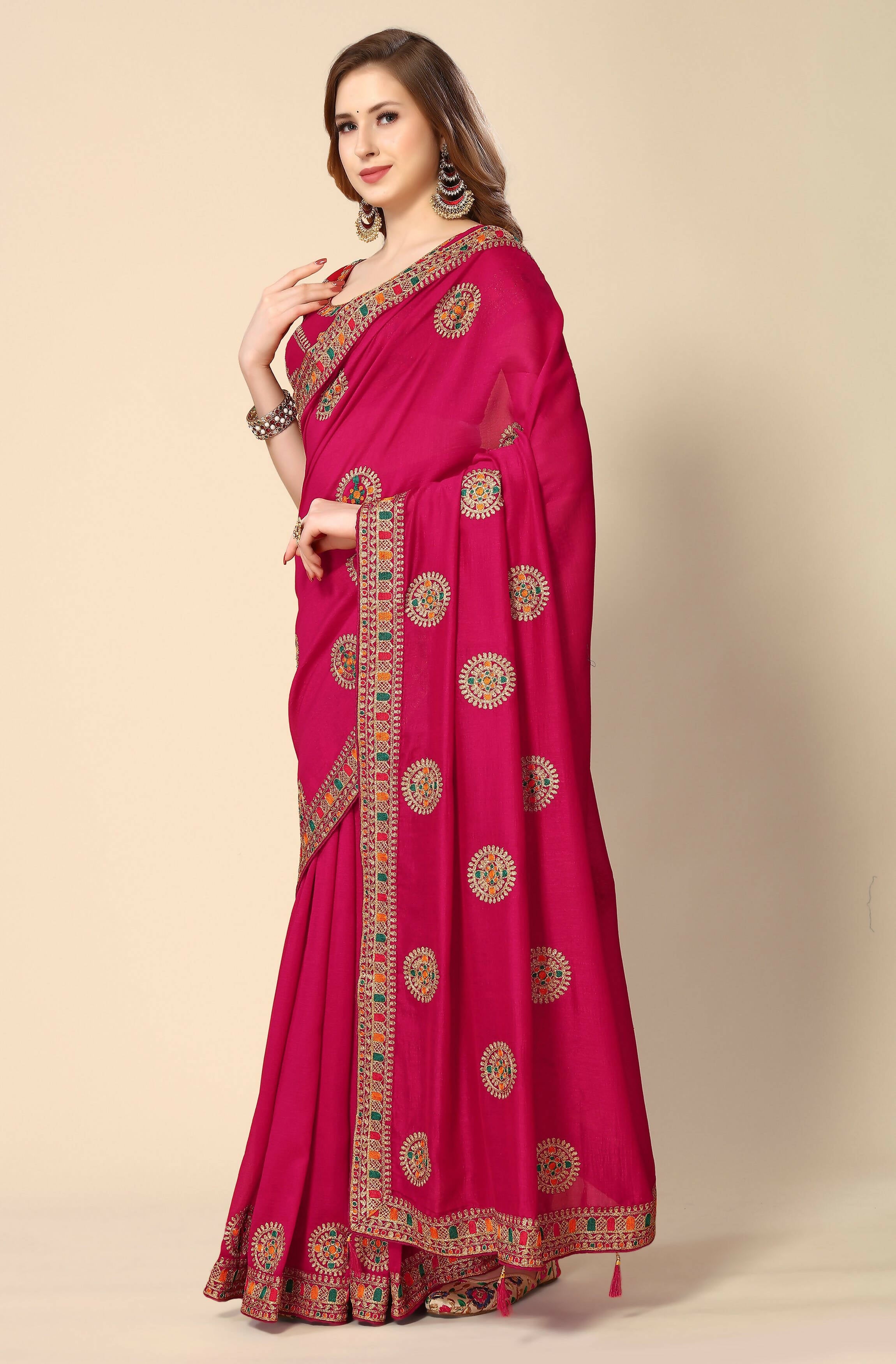 Pink Chinon Embroidered Saree with Unstitched Blouse Piece - Roozal - Distacart