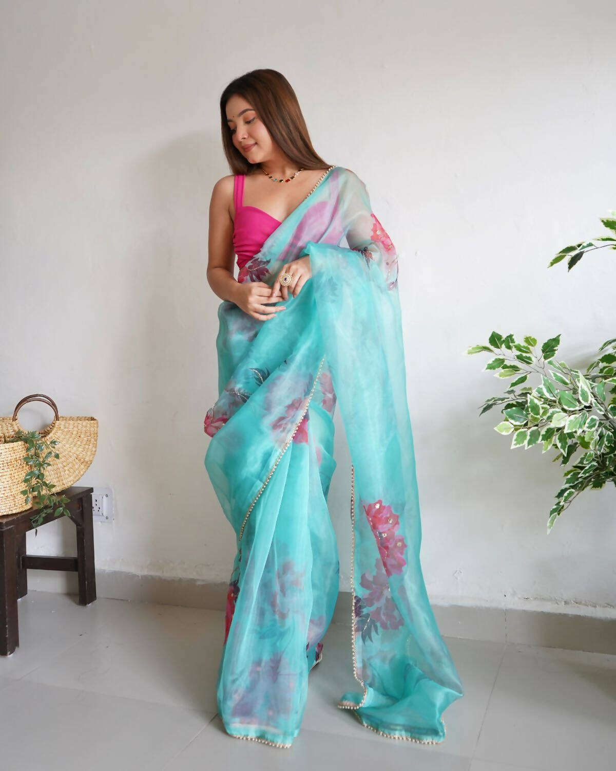 Vamsee Sky Blue Organza Saree - Distacart