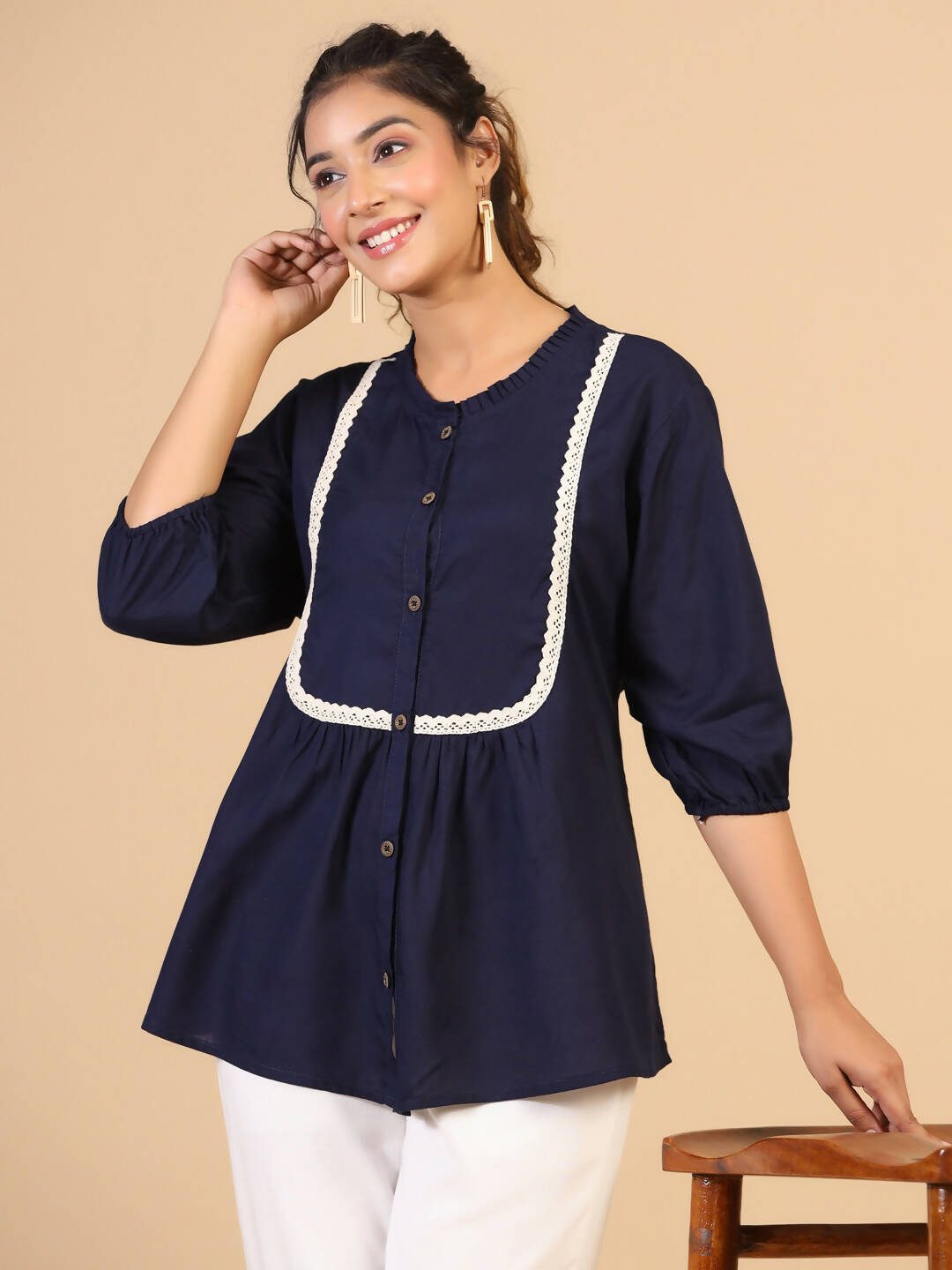 Womens Dark Blue Rayon Solid Top - Keeva - Distacart