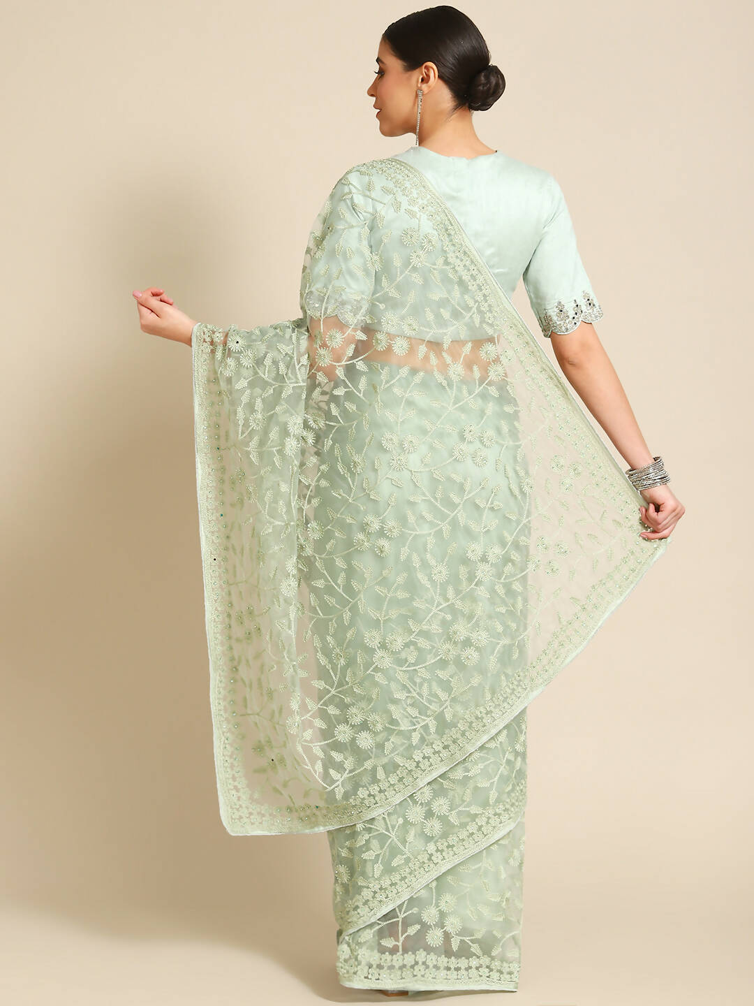 Green Woven Design Net Saree with Blouse Piece - Kalamkari - Distacart
