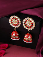 Thumbnail for NVR Women Gold Plated Red Dome Shaped Meenkari Jhumkas Earrings - Distacart