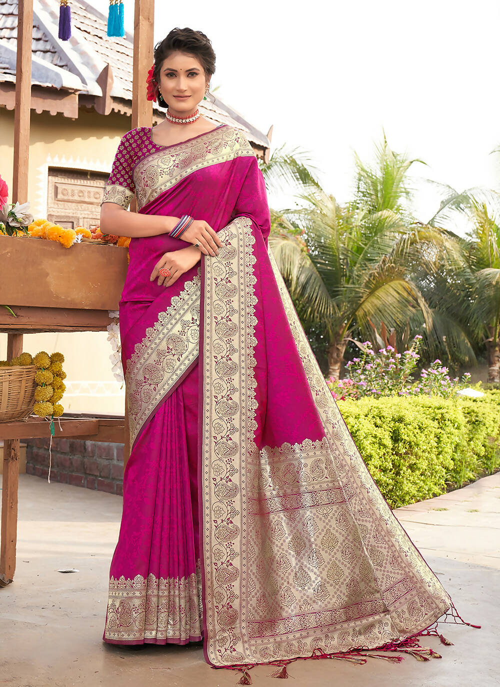 Pink Banarasi Silk Woven Design Saree with Unstitched Blouse Piece - Aachal - Distacart