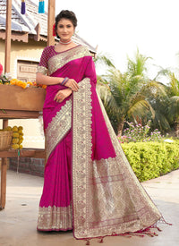 Thumbnail for Pink Banarasi Silk Woven Design Saree with Unstitched Blouse Piece - Aachal - Distacart