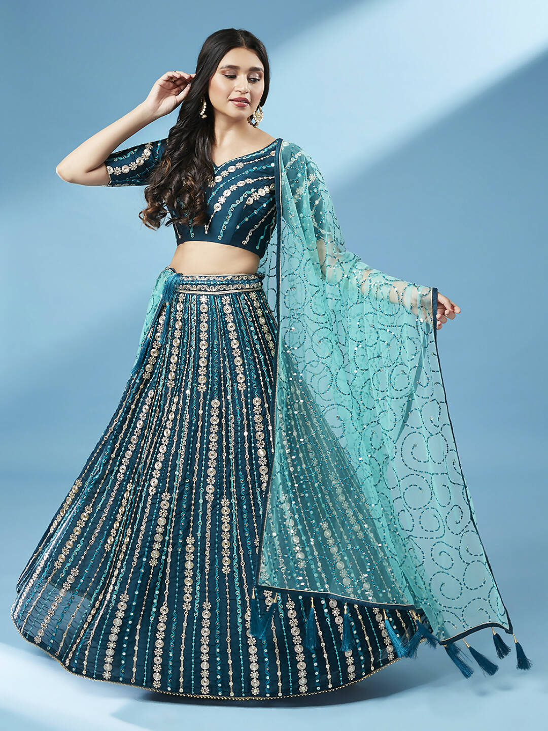 House of Panchhi Teal Pure Georgette Sequinse Work Lehenga & Blouse with Dupatta - Distacart