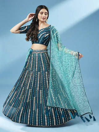 House of Panchhi Teal Pure Georgette Sequinse Work Lehenga & Blouse with Dupatta - Distacart