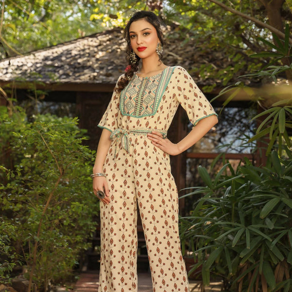 Juniper Women Ivory Rayon Printed Straight Jumpsuit - Distacart