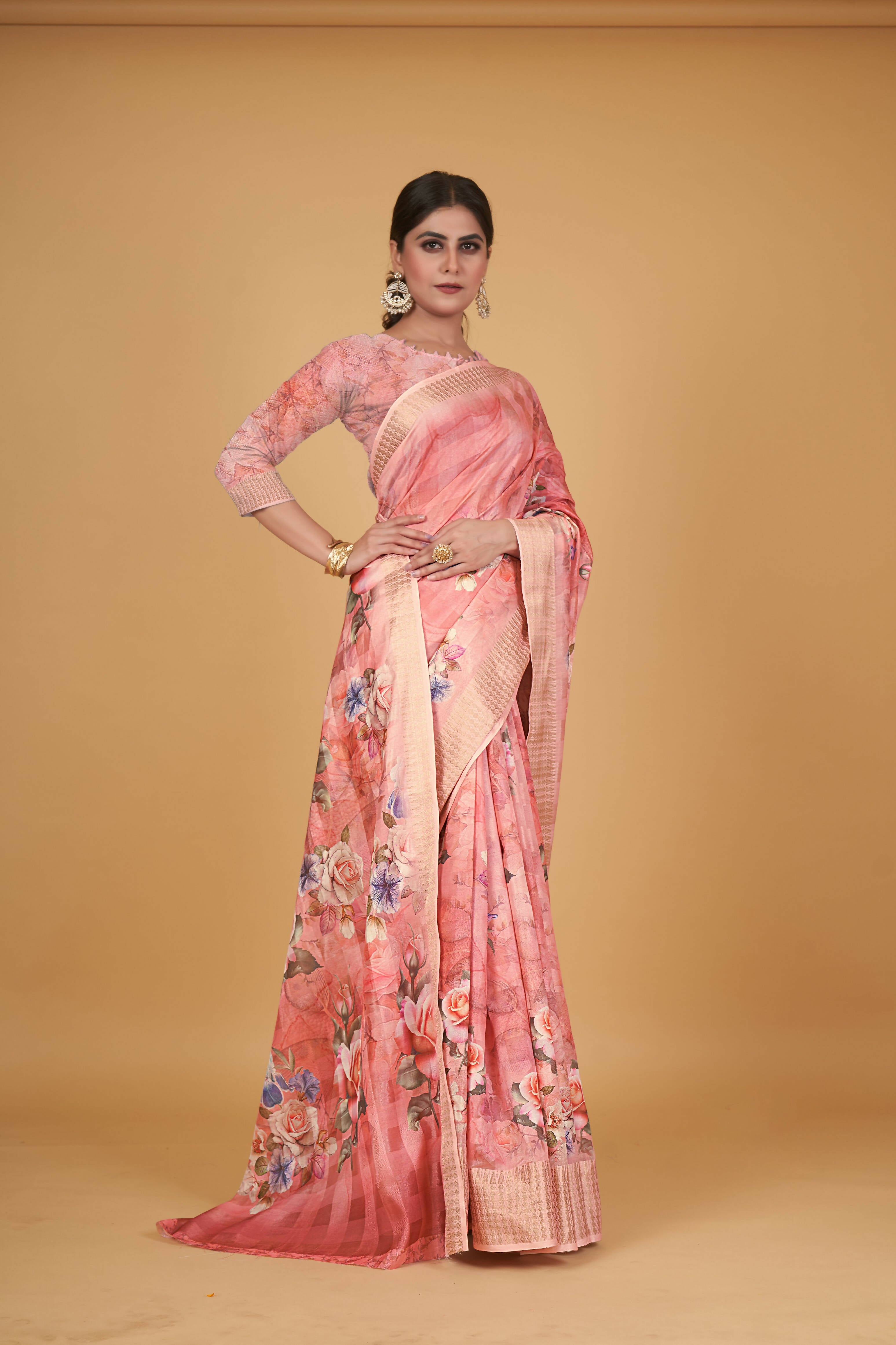 Peach Cotton Silk Digital Printed Saree With Unstitched Blouse Piece - Alisha - Distacart