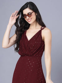 Thumbnail for Myshka Georgette Solid Sleeveless Shoulder Straps Maroon Women Dress - Distacart