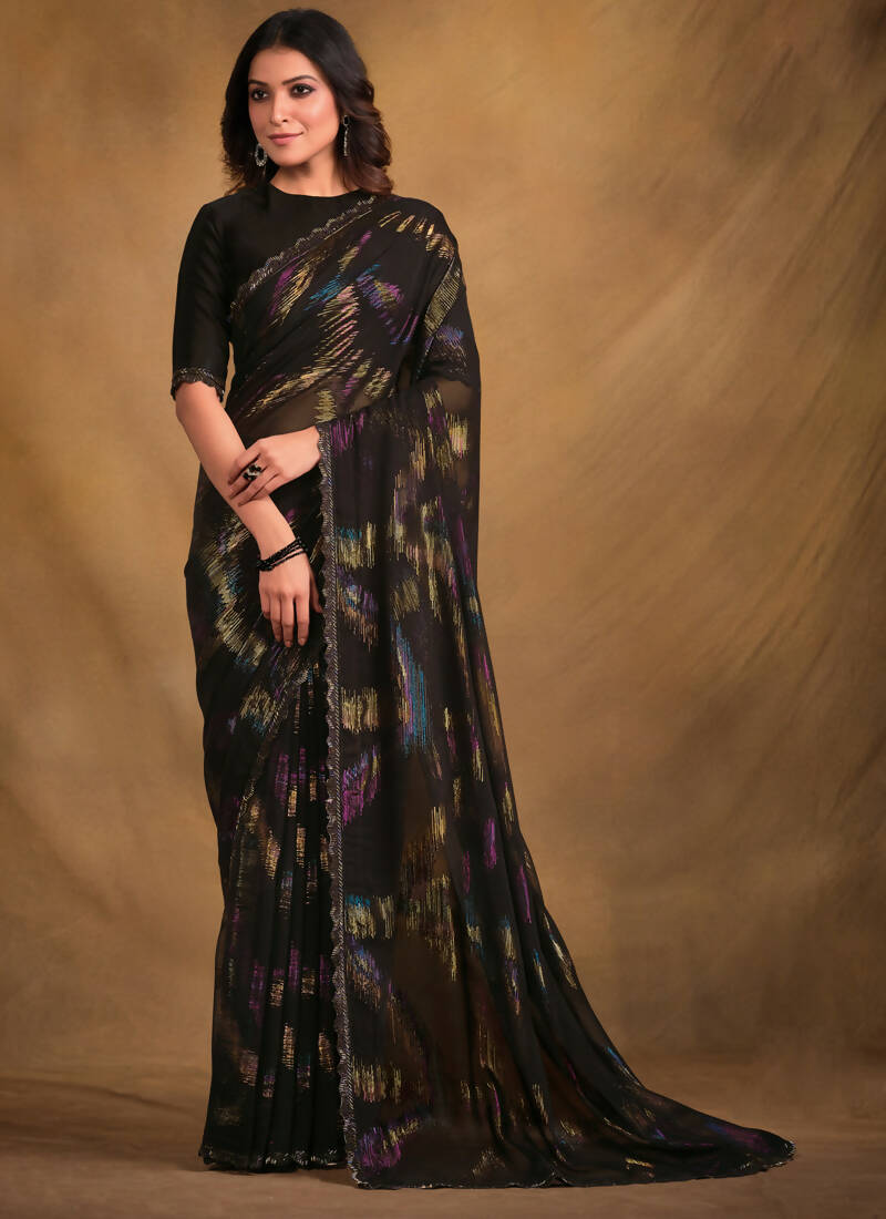 Black Zari Jacquard Print Designer Saree with Unstitched Blouse - Norita Mahitha - Distacart