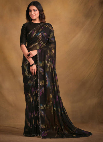 Black Zari Jacquard Print Designer Saree with Unstitched Blouse - Norita Mahitha - Distacart
