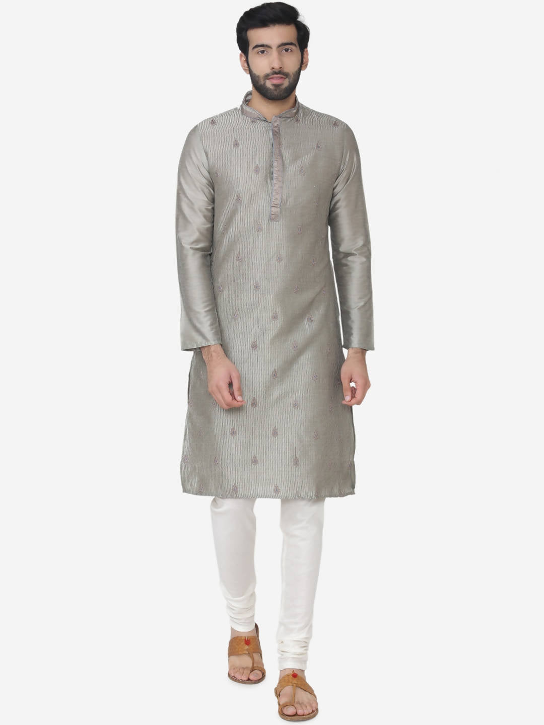 Manyavar Men Grey & White Embroidered Kurta with Churidar - Distacart