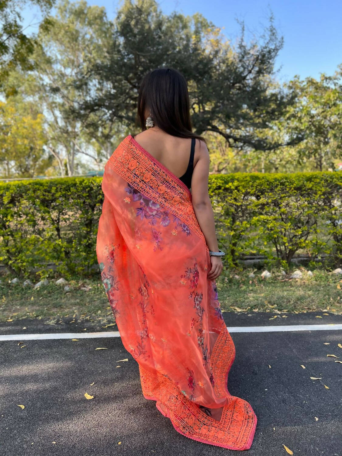 Vastrasky Orange Organza Saree - Distacart