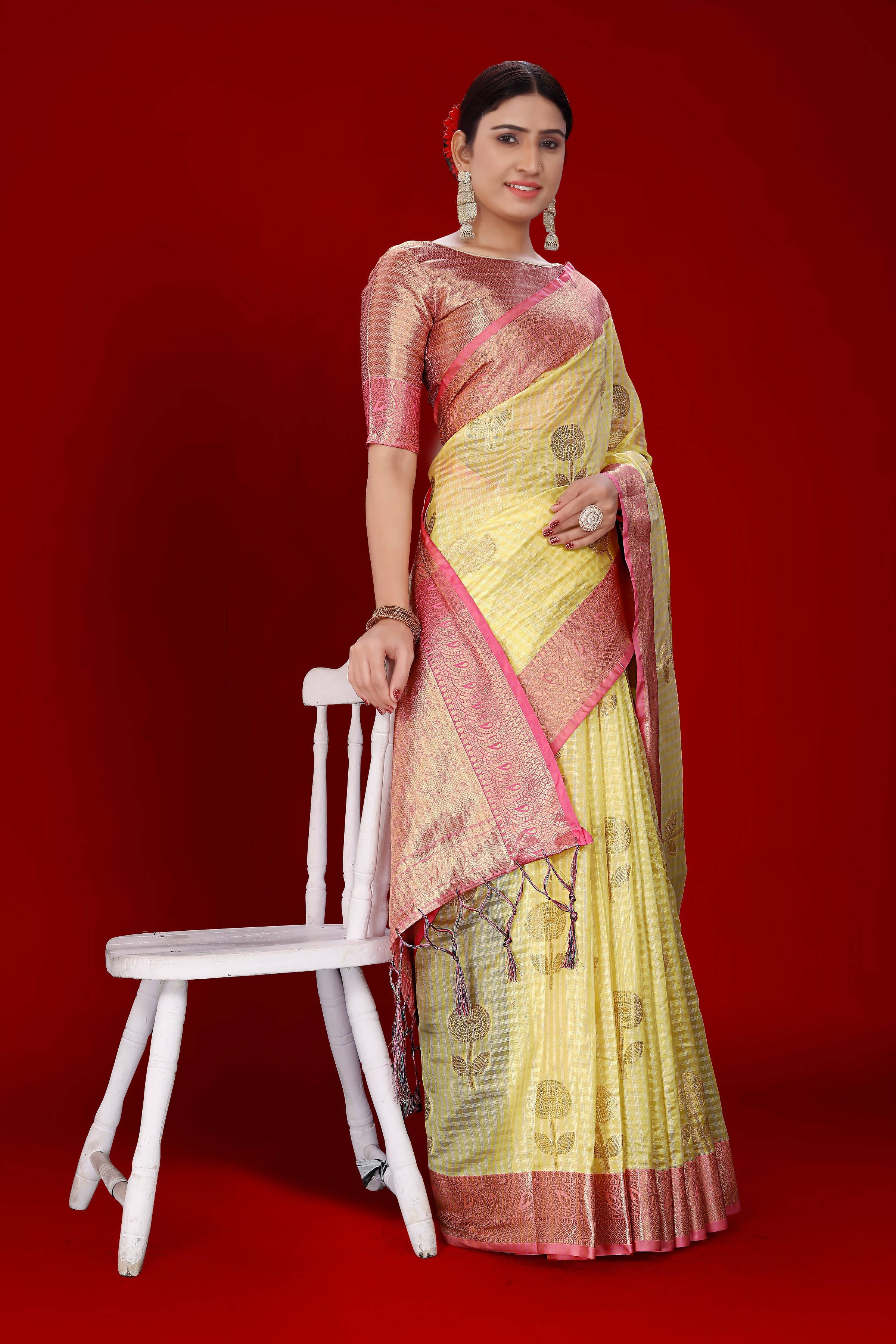 Yellow Soft Organza Woven Design Saree With Unstitched Blouse Piece - Zaara - Distacart
