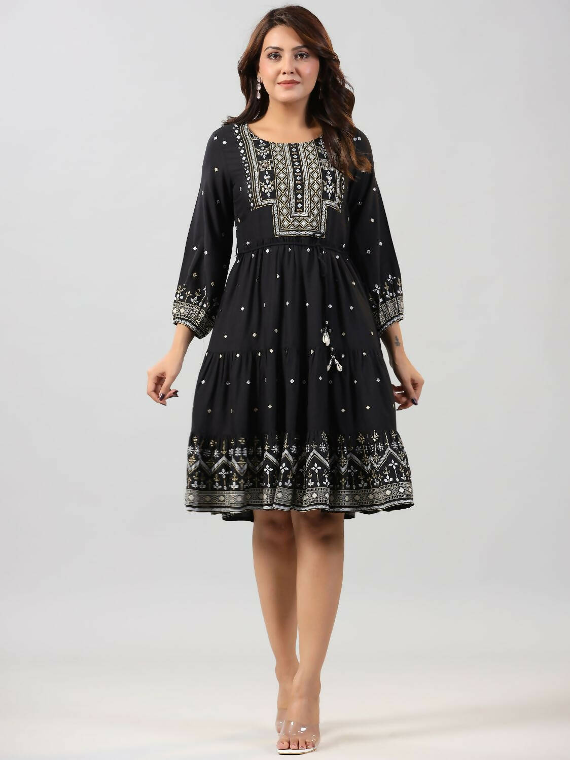 Juniper Women Black Rayon Printed Short Tiered Dress - Distacart
