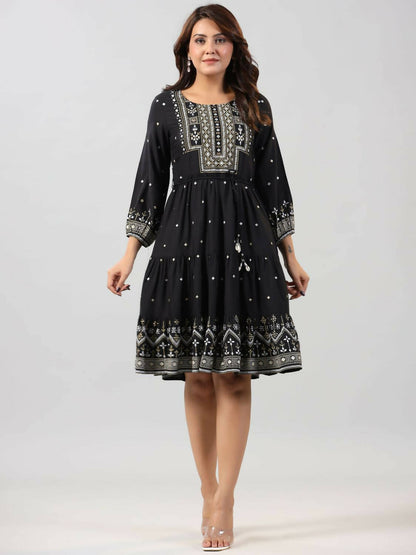 Juniper Women Black Rayon Printed Short Tiered Dress - Distacart