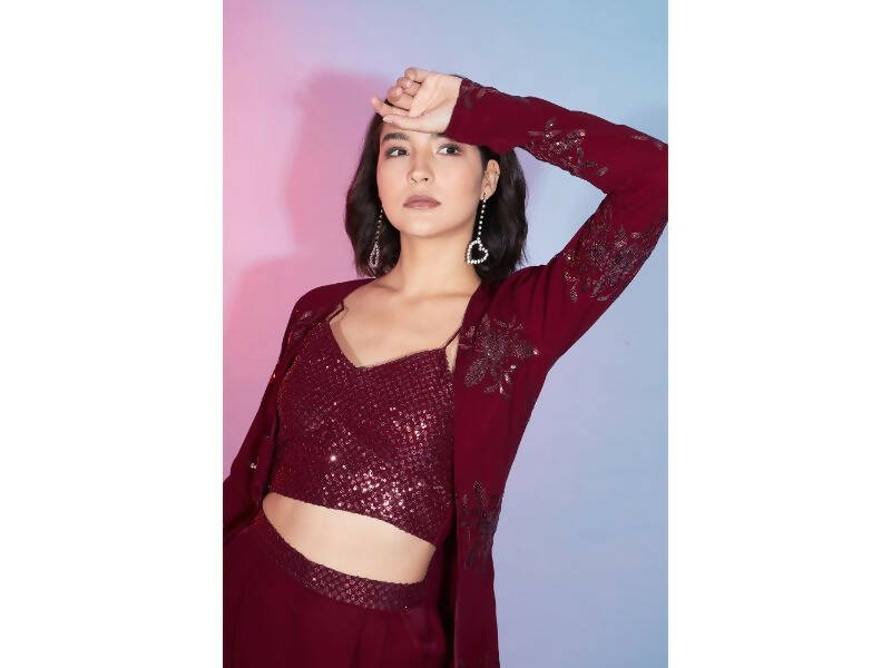 Red Georgette Sequence With Thread Designer Co-Ord Set - Flory - Distacart