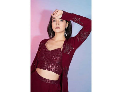 Red Georgette Sequence With Thread Designer Co-Ord Set - Flory - Distacart
