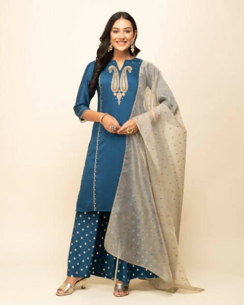FIORRA Women's Teal Blue Silk Blend Straight Kurta Palazzo Set With Dupatta - Distacart