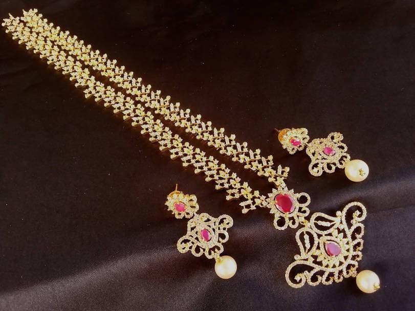 Traditional Ad Ruby Bridal Long Necklace Set