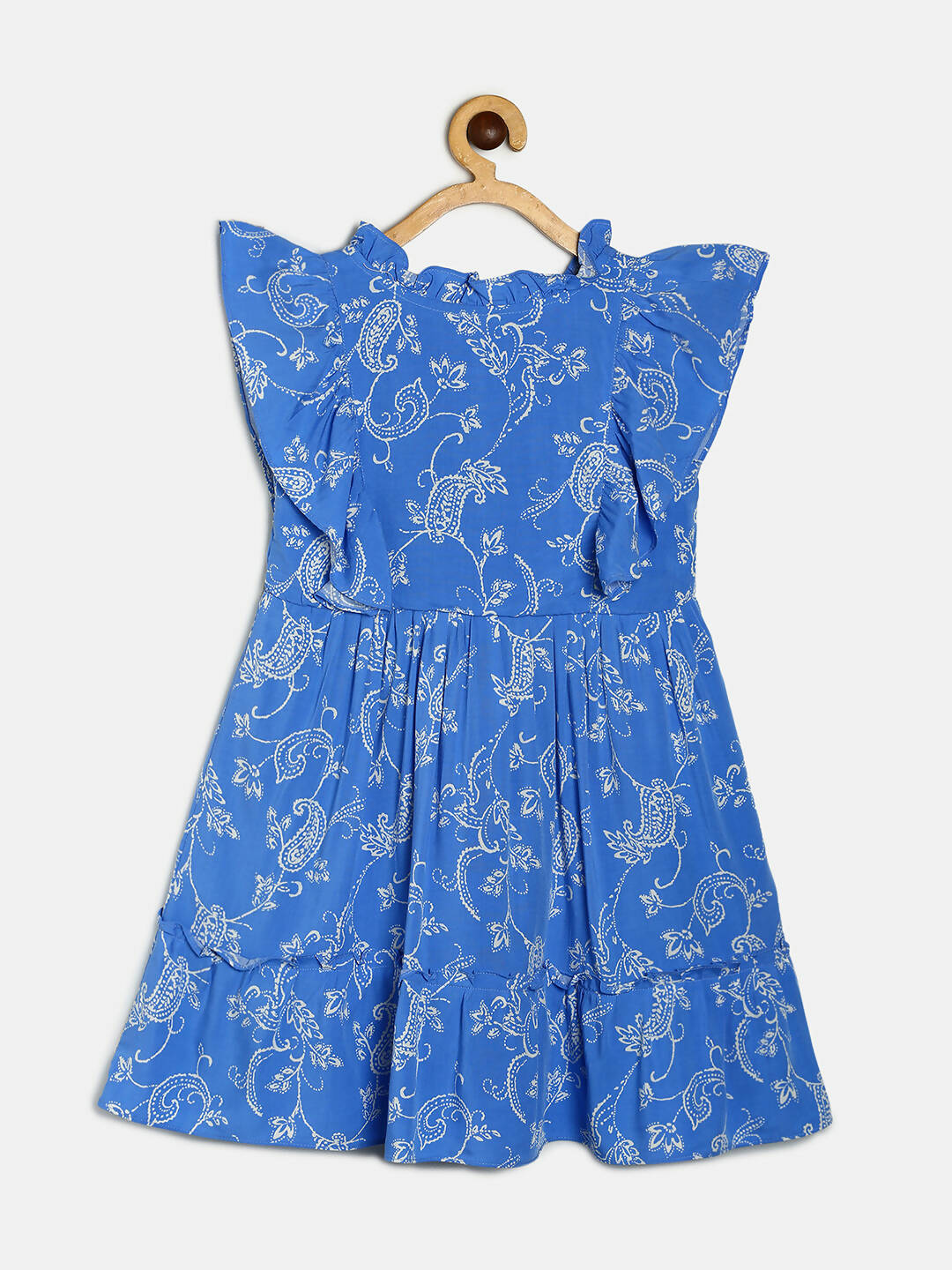 Manet Girls Cotton Frill Sleeve Frock Big Flower Print - Blue - Distacart