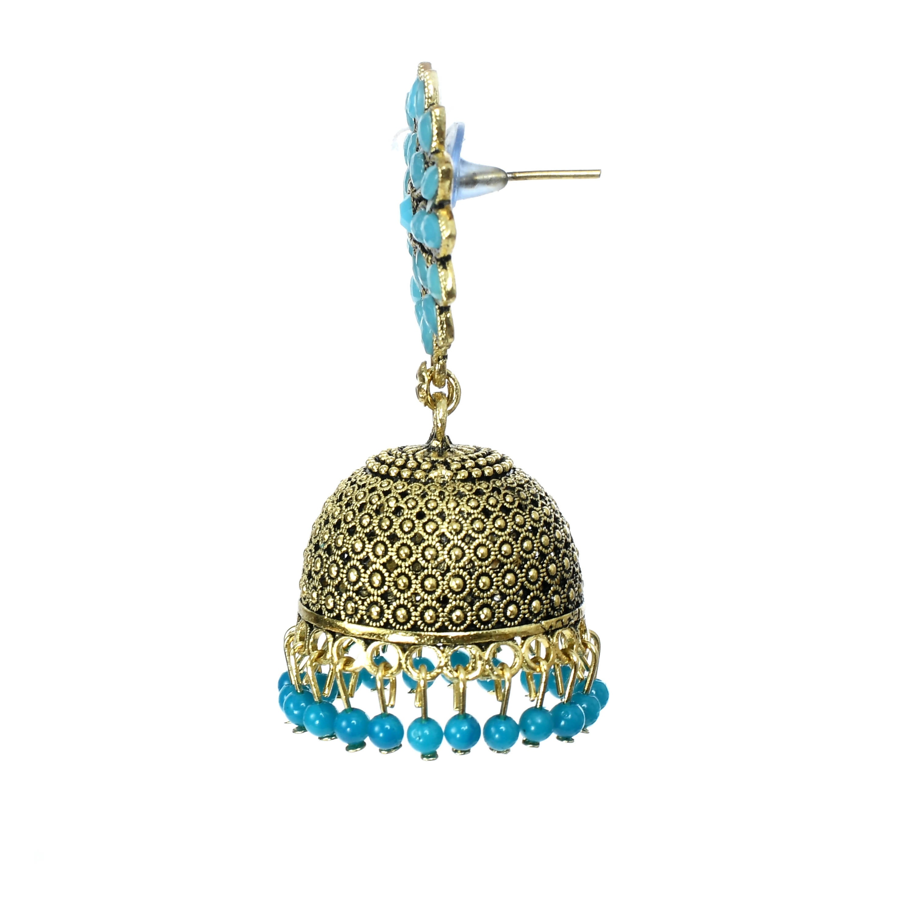 Mominos Fashion Johar Kamal Beautiful Kundan Work Jhumka With Sky Blue Beads - Distacart