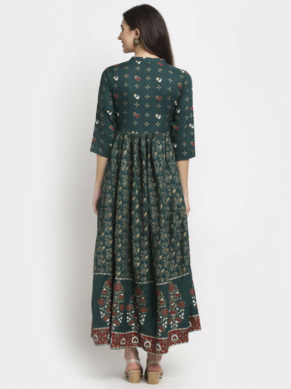 Rudra Bazaar Floral Printed A-Line Flared Green Kurti - Distacart