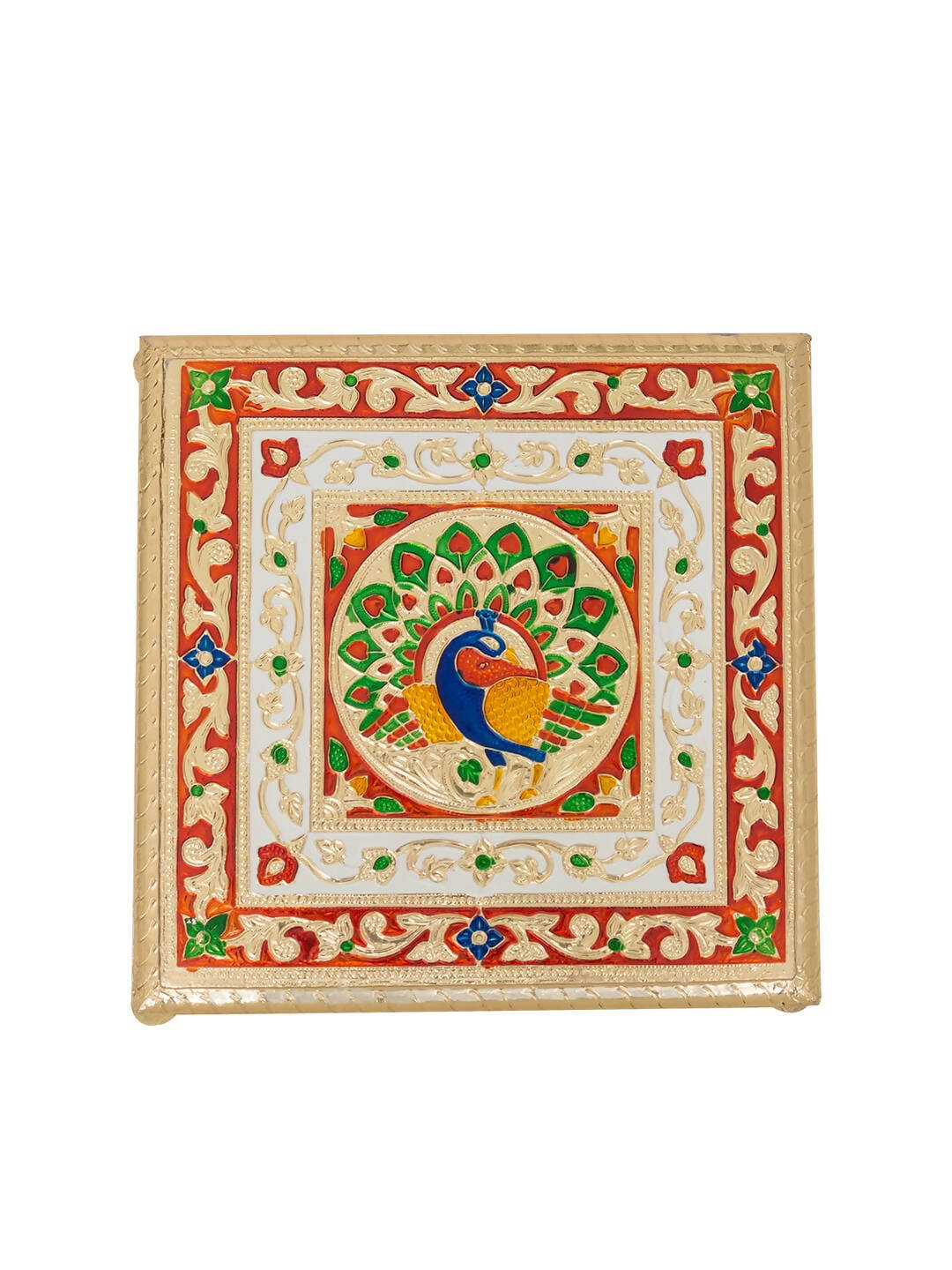 Golden Peacock Gold-Toned & Red Handcrafted Minakari Peacock Design Wooden Chowki - Distacart