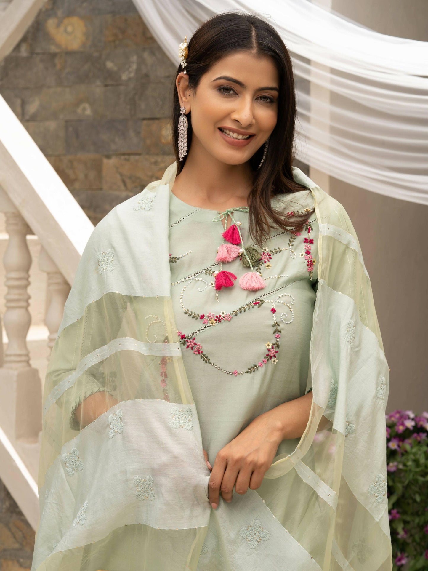 Pista Roman Silk Plain Kurta with Pant & Dupatta - Disha - Distacart