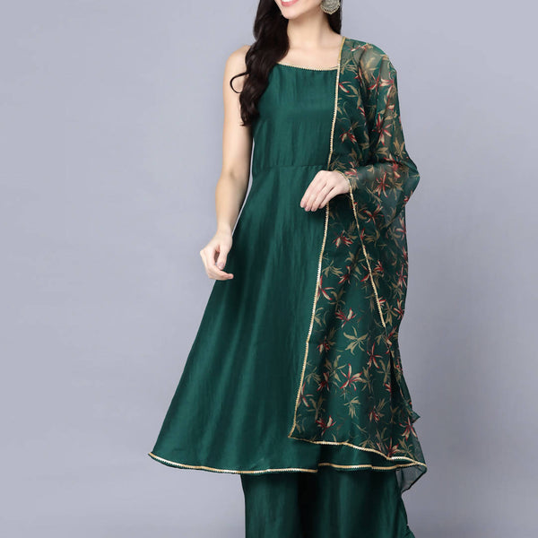 Myshka Women Green Ethnic Motifs Yoke Design Panelled Kurti with Sharara With Dupatta - Distacart