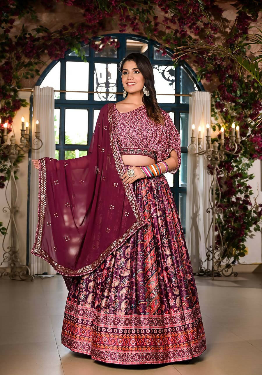 Women's Wedding Traditional Mulberry Dull Satin Lehenga Choli - Kaushlya - Distacart