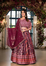 Thumbnail for Women's Wedding Traditional Mulberry Dull Satin Lehenga Choli - Kaushlya - Distacart